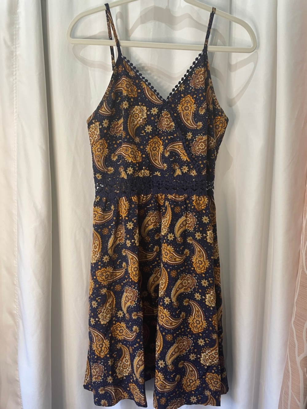 Navy and Mustard Paisley Spaghetti-Strap Dress